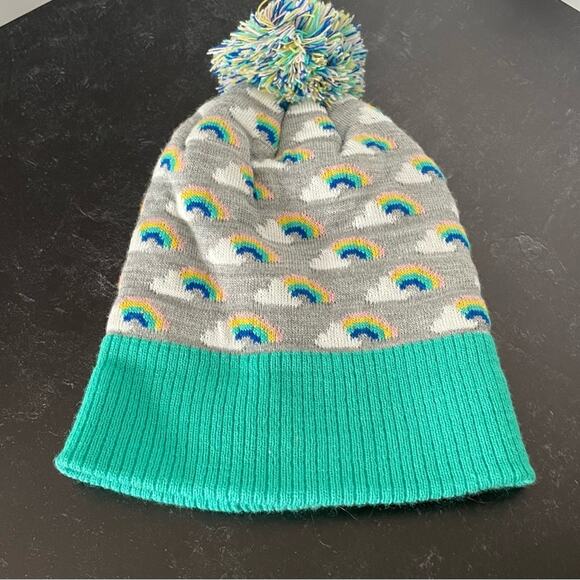 Tucker + Tate Kids Gray Green Teal Rainbows Pattern Pom Beanie Girls OS NWOT - Picture 2 of 4